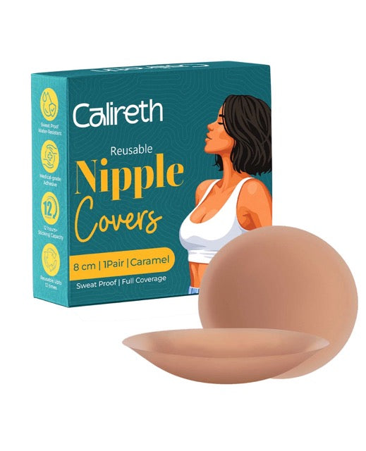 Calireth reusable nipple covers packaging with a single cover displayed in front on a white background.